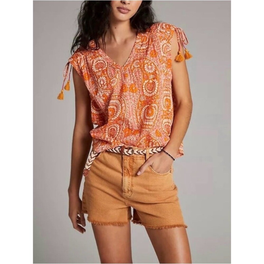 Anthropologie Orange Paisley Print Terra Shirred Boho Beachy Blouse Medium